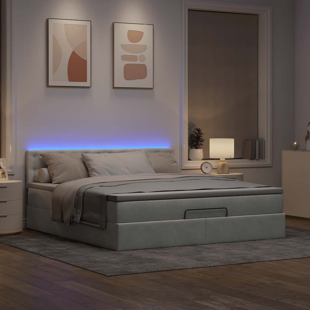 vidaXL Οθωμανικό κρεβάτι με στρώμα&LEDs Ανοιχτό γκρι 160x200cm Βελούδο
