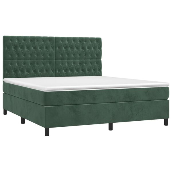 vidaXL Κρεβάτι Boxspring με Στρώμα & LED Σκ. Πράσινο 160x200εκ Βελούδο