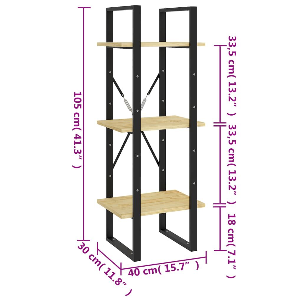 vidaXL Βιβλιοθήκη με 3 Ράφια 40 x 30 x 105 εκ. από Μασίφ Ξύλο Πεύκου