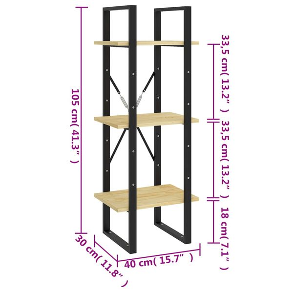vidaXL Βιβλιοθήκη με 3 Ράφια 40 x 30 x 105 εκ. από Μασίφ Ξύλο Πεύκου