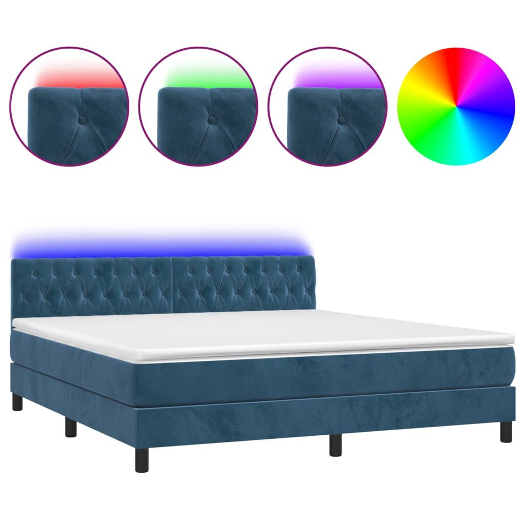 vidaXL Κρεβάτι Boxspring με Στρώμα & LED Σκ. Μπλε 180x200εκ. Βελούδινο
