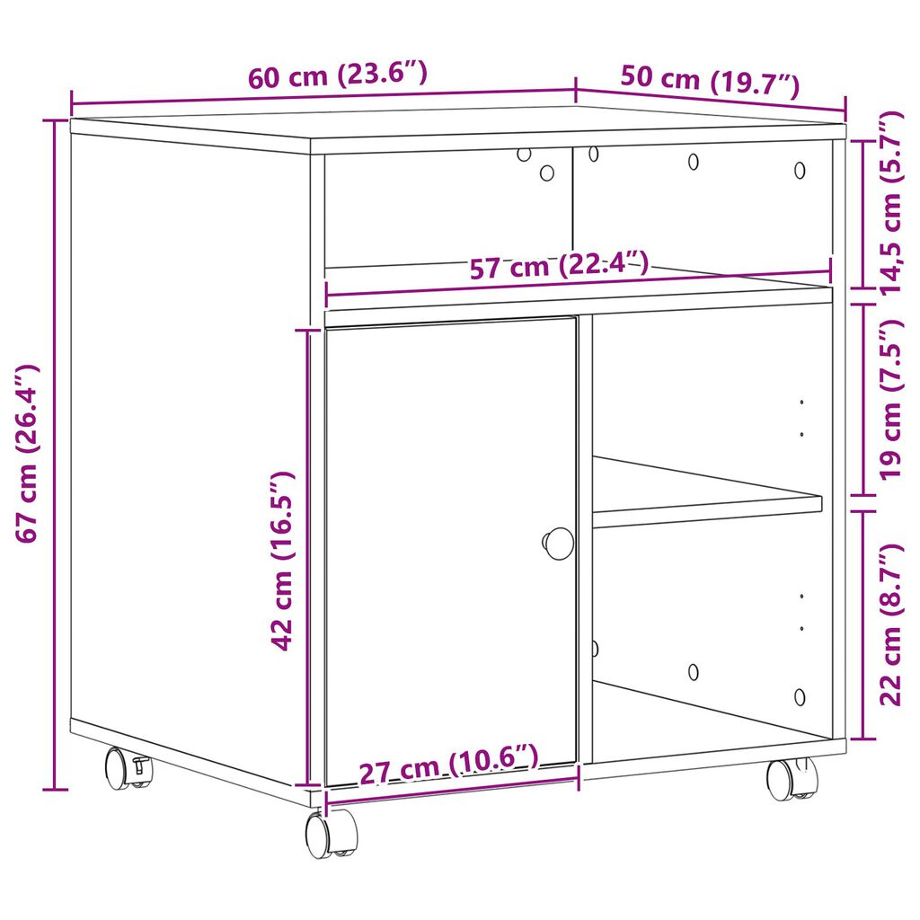 vidaXL Ράφι Εκτυπωτή με Ρόδες Παλιό Ξύλο 60x50x67 εκ.