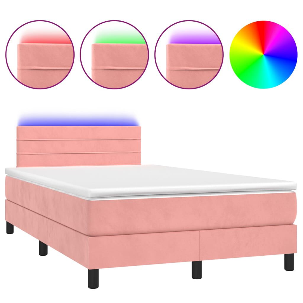 vidaXL Κρεβάτι Boxspring με Στρώμα & LED Ροζ 120x200 εκ. Βελούδινο