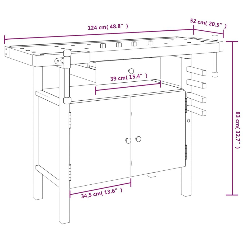 vidaXL Πάγκος Εργ. Συρτάρι/ Μέγγενες 124x52x83 εκ. Μασίφ Ξύλο Ακακίας