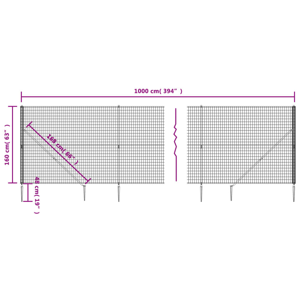 vidaXL Συρματόπλεγμα Περίφραξης Ανθρακί 1,6 x 10 μ. με Καρφωτές Βάσεις