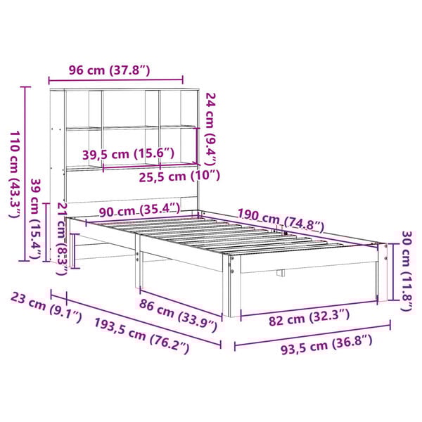 vidaXL Κρεβάτι Βιβλιοθήκη Χωρίς Στρώμα 90x190 εκ Μασίφ Ξύλο Πεύκου