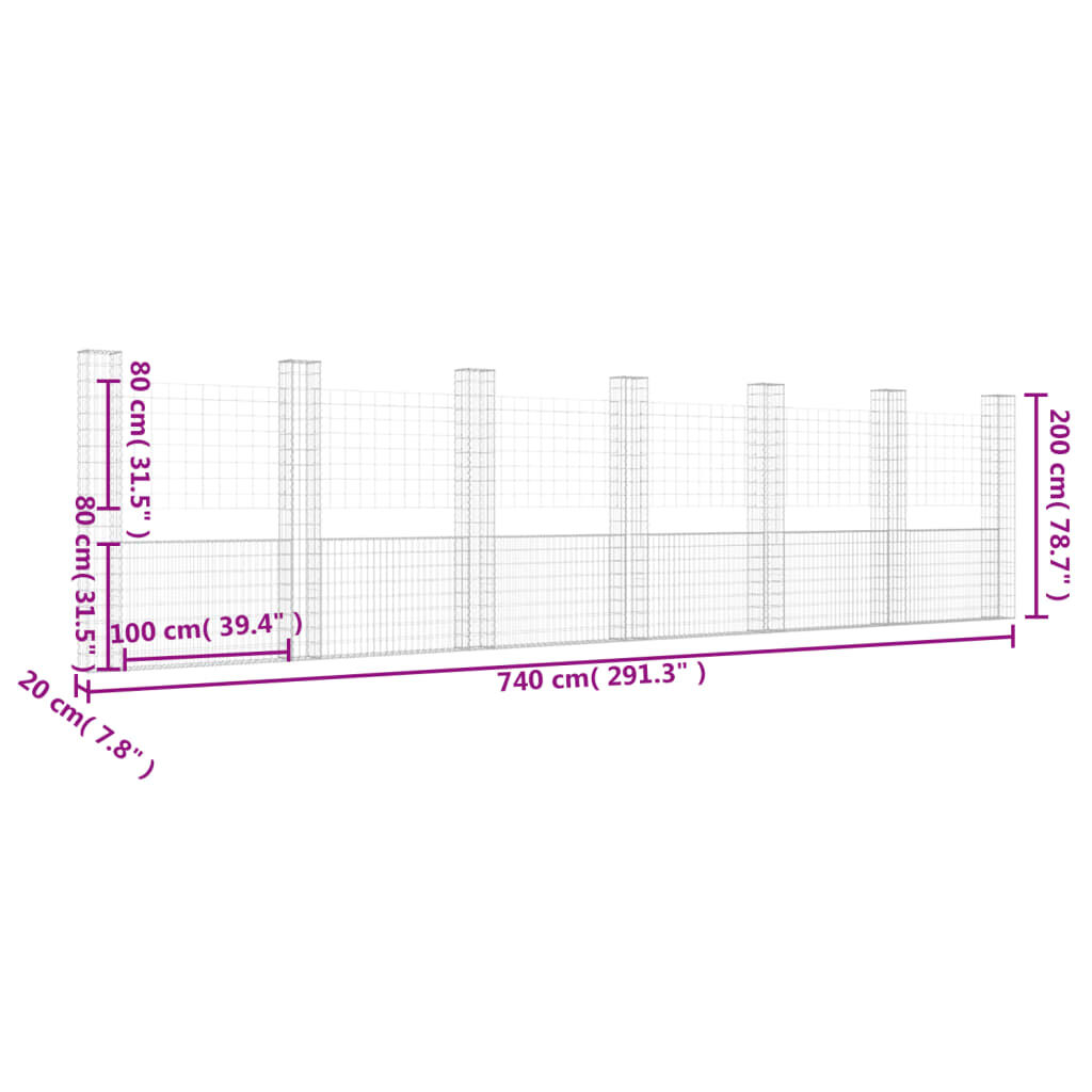 vidaXL Συρματοκιβώτιο σε U Σχήμα με 7 Στύλους 740x20x200 εκ Σιδερένιο