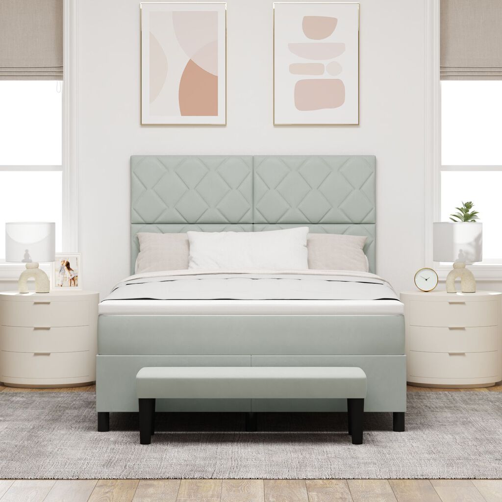 vidaXL Κρεβάτι Box Spring με Στρώμα & Πάγκο Ανοιχτό Γκρι 140x190 εκ. Βελούδο