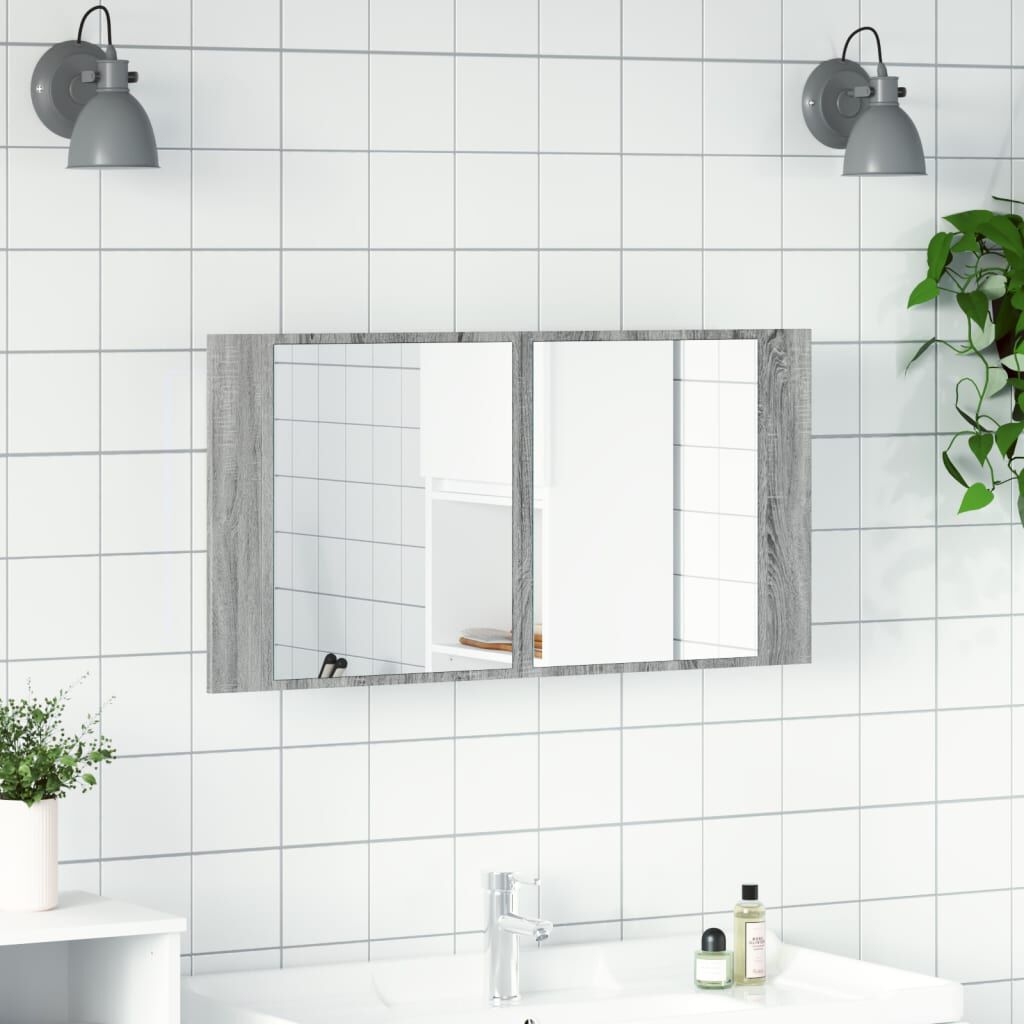 vidaXL Ντουλάπι Μπάνιου Καθρέφτη LED Γκρι Sonoma 90x12x45εκ. Ακρυλικό
