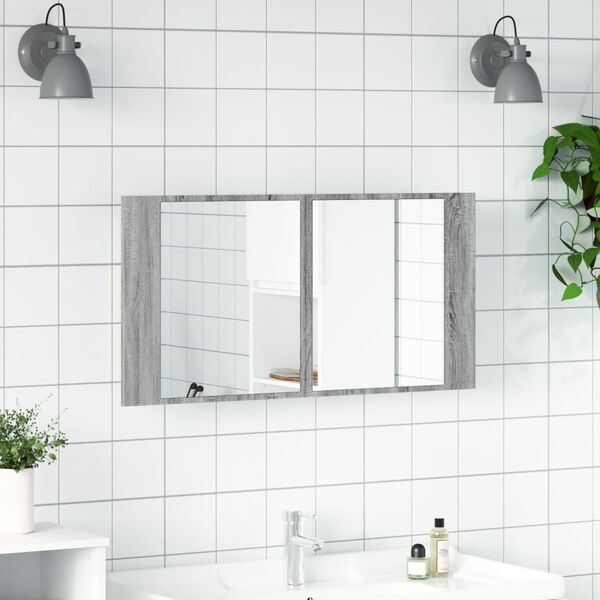 vidaXL Ντουλάπι Μπάνιου Καθρέφτη LED Γκρι Sonoma 90x12x45εκ. Ακρυλικό