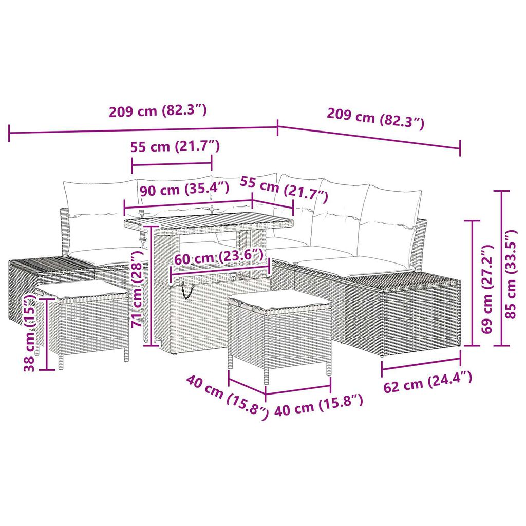 vidaXL Σετ Καναπέ Κήπου με μαξιλάρι 8 pcs Γκρι Πολυ ράταν