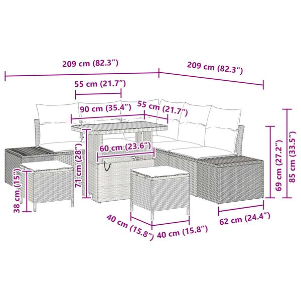 vidaXL Σετ Καναπέ Κήπου με μαξιλάρι 8 pcs Γκρι Πολυ ράταν