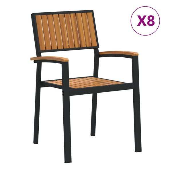 vidaXL Στοιβαζόμενες Καρέκλες Κήπου 8 τμχ Μαύρο Χάλυβα και Στερεό Ξύλο Ακακίας