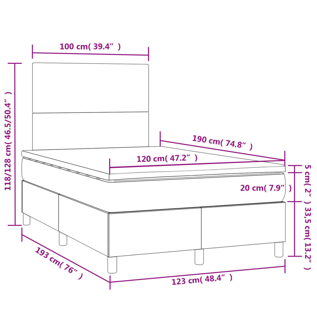vidaXL Κρεβάτι Boxspring με Στρώμα & LED Γκρι 120x190 εκ. Συνθ. Δέρμα