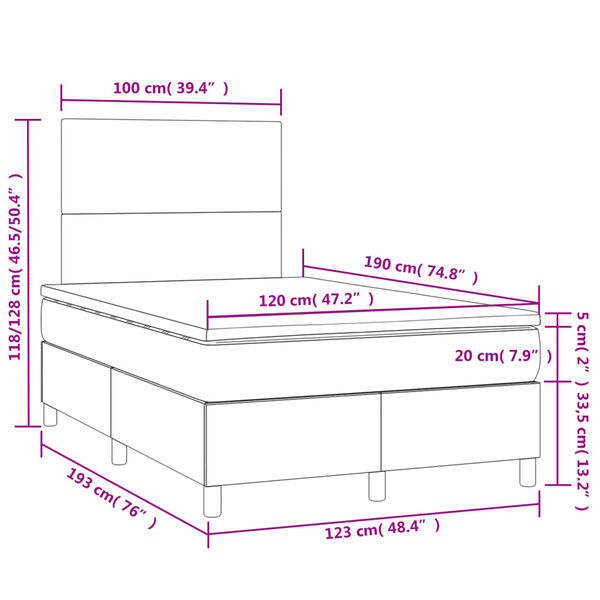 vidaXL Κρεβάτι Boxspring με Στρώμα & LED Γκρι 120x190 εκ. Συνθ. Δέρμα