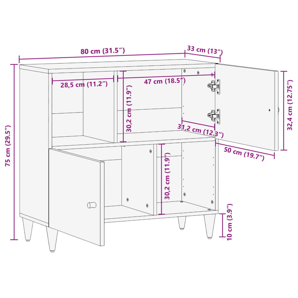 vidaXL Βοηθητικό Ντουλάπι 80 x 33 x 75 εκ. από Μασίφ Ξύλο Μάνγκο