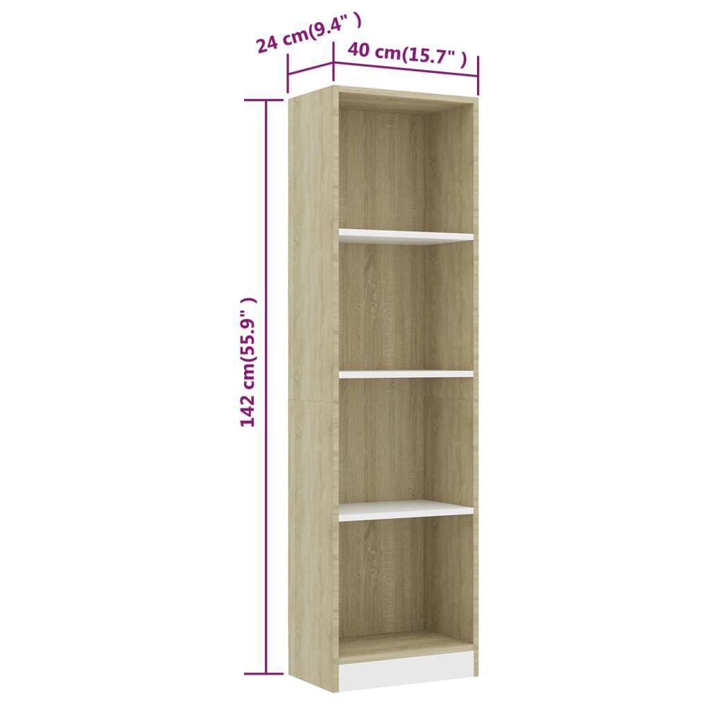 vidaXL Βιβλιοθήκη με 4 Ράφια Λευκό/Sonoma 40x24x142 εκ. Επεξ. Ξύλο