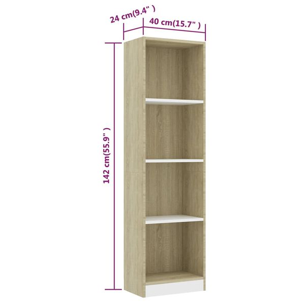 vidaXL Βιβλιοθήκη με 4 Ράφια Λευκό/Sonoma 40x24x142 εκ. Επεξ. Ξύλο