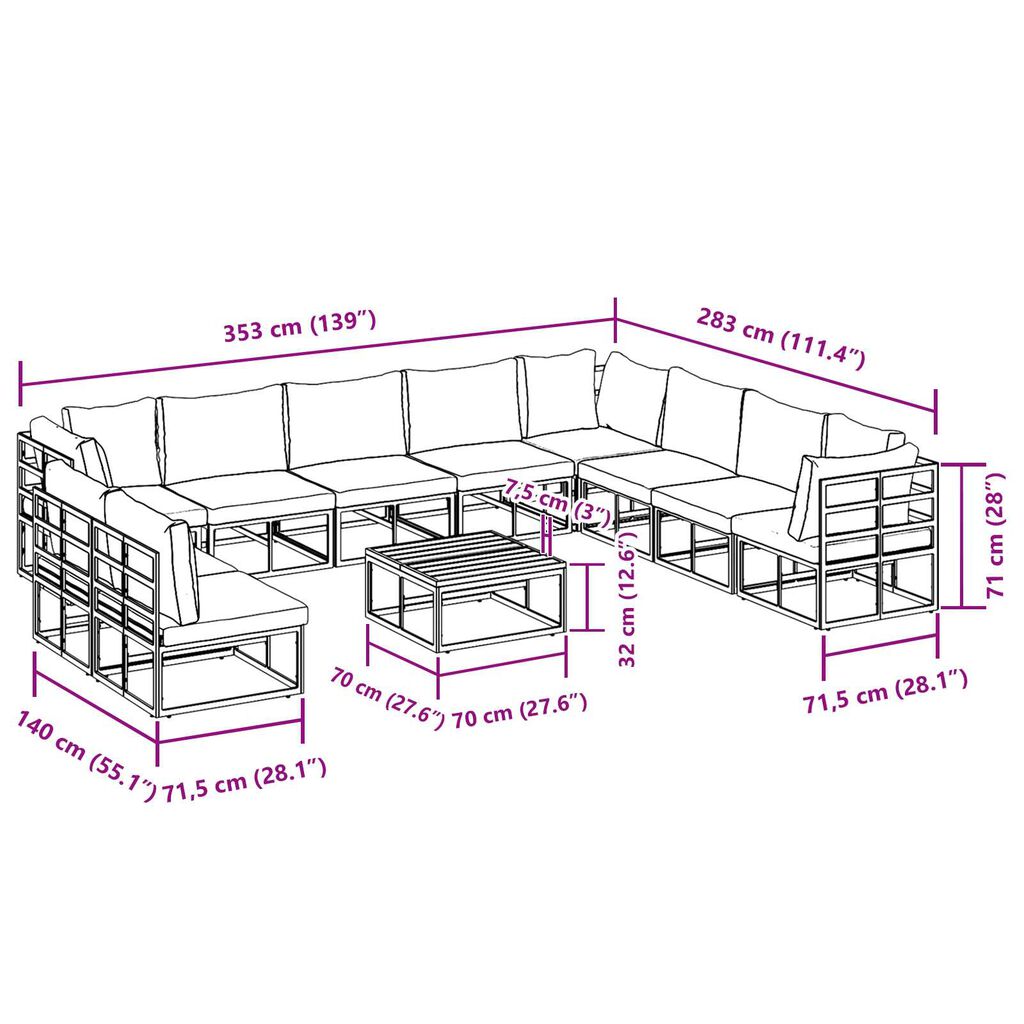 vidaXL Σετ Καναπέ Κήπου 11 pcs Μαύρο 70 x 70 x 32 εκ Αλουμίνιο