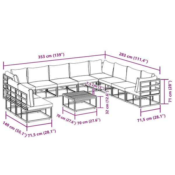 vidaXL Σετ Καναπέ Κήπου 11 pcs Μαύρο 70 x 70 x 32 εκ Αλουμίνιο