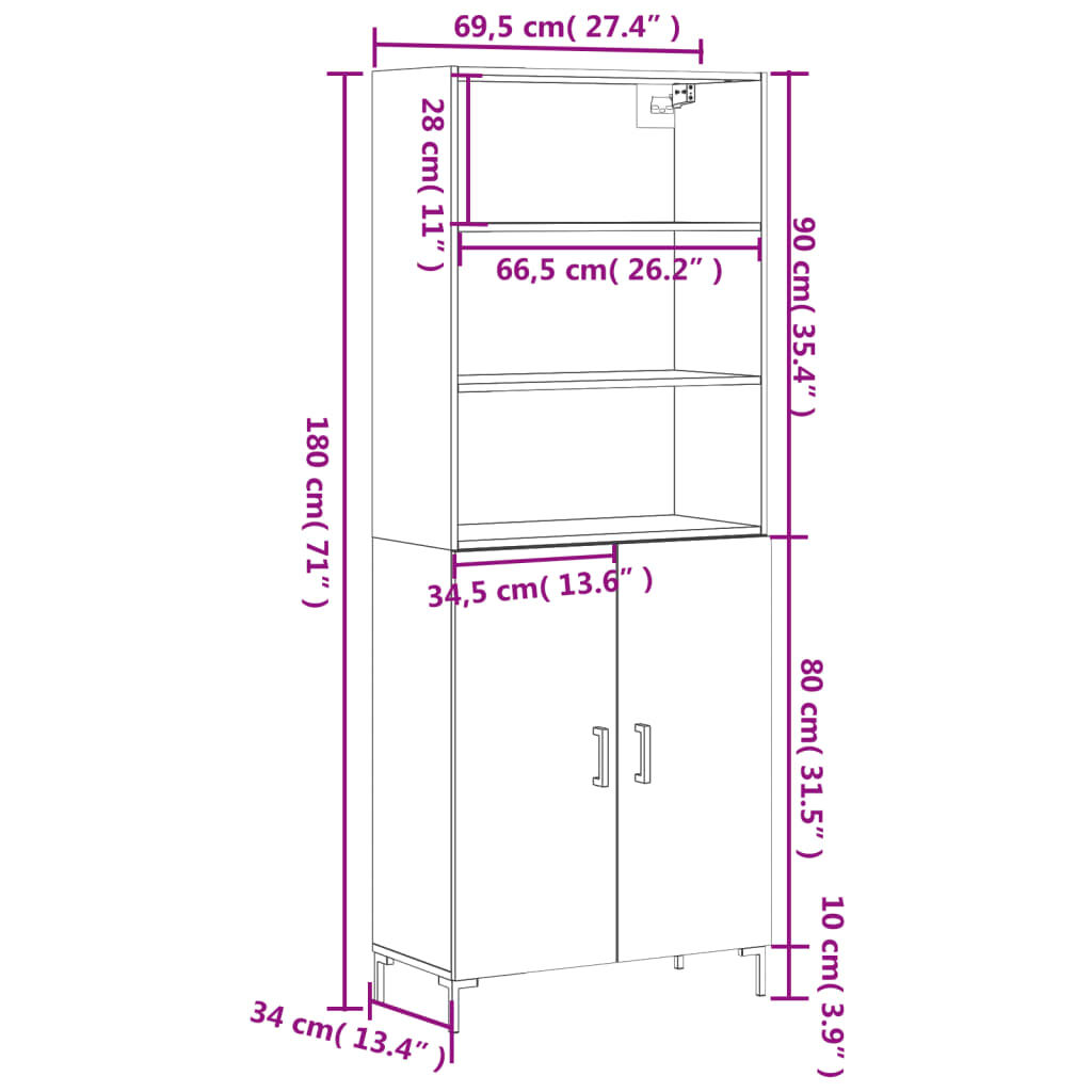 vidaXL Ντουλάπι Γκρι Σκυροδέματος 69,5x34x180 εκ. Επεξεργασμένο Ξύλο