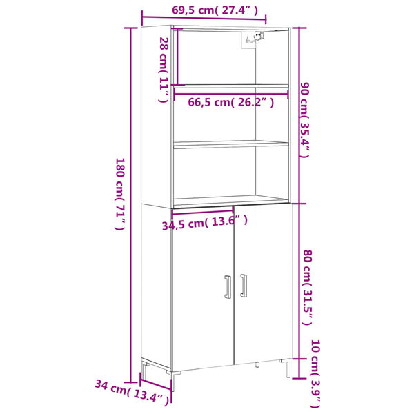 vidaXL Ντουλάπι Γκρι Σκυροδέματος 69,5x34x180 εκ. Επεξεργασμένο Ξύλο