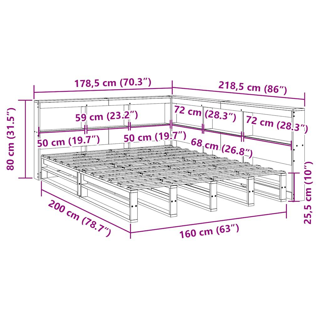 vidaXL Κρεβάτι Βιβλιοθήκη Χωρίς Στρώμα 160x200 εκ Μασίφ Ξύλο Πεύκου