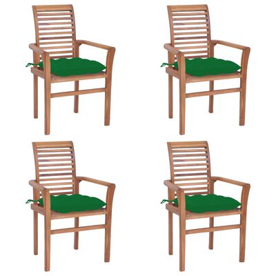 vidaXL Καρέκλες Τραπεζαρίας 4 τεμ. Μασίφ Ξύλο Teak / Πράσινα Μαξιλάρια