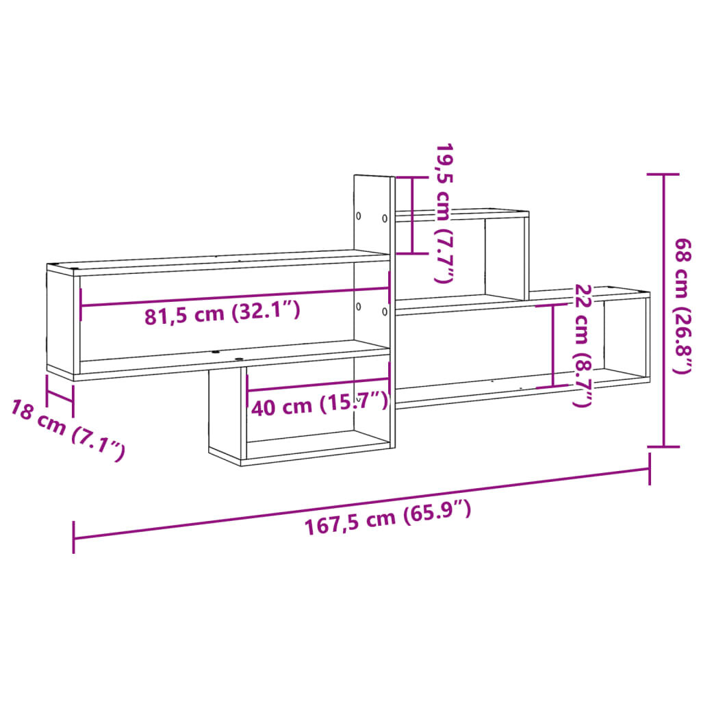 vidaXL Ράφι Τοίχου Sonoma Δρυς 167,5x18x68 εκ. από Επεξ. Ξύλο