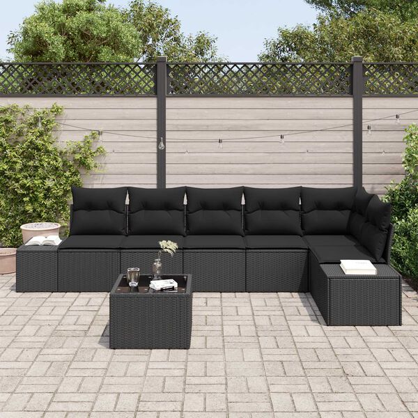 vidaXL Σετ Καναπέ Κήπου με μαξιλάρι 7 pcs Μαύρο Πολυ ράταν