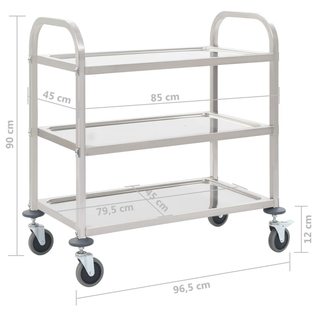 vidaXL Τρόλεϊ Κουζίνας με 3 Ράφια 96,5x55x90 εκ. από Ανοξείδωτο Ατσάλι