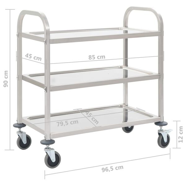 vidaXL Τρόλεϊ Κουζίνας με 3 Ράφια 96,5x55x90 εκ. από Ανοξείδωτο Ατσάλι