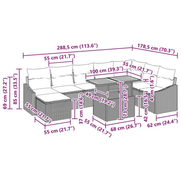 vidaXL Σέτ φαγητού για κήπο με μαξιλάρι 9 pcs Μαύρο και Κρέμα