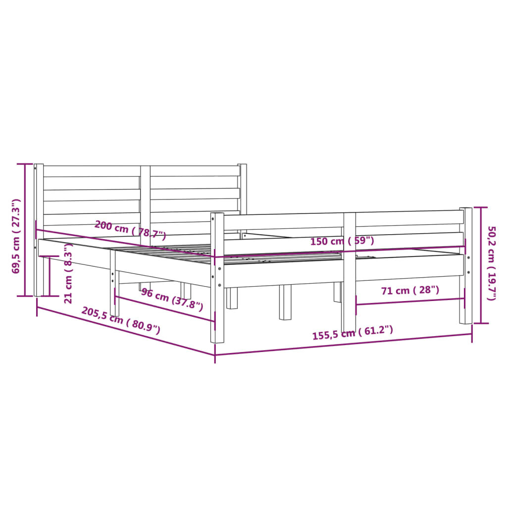 vidaXL Πλαίσιο Κρεβατιού Μαύρο 150 x 200 εκ. Μασίφ Ξύλο King Size