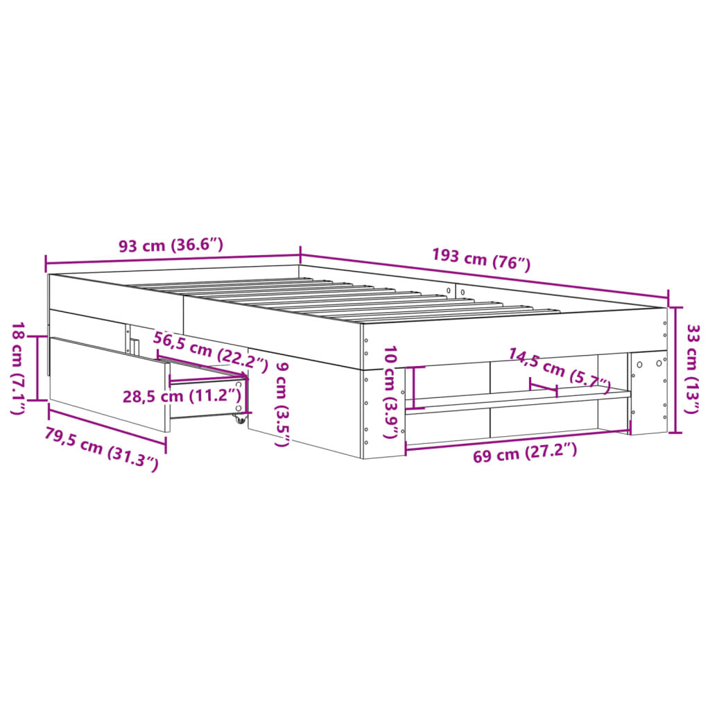 vidaXL Πλαίσιο Κρεβ. Χωρ. Στρώμα Sonoma Δρυς 90 x 190 εκ. Επεξ. Ξύλο