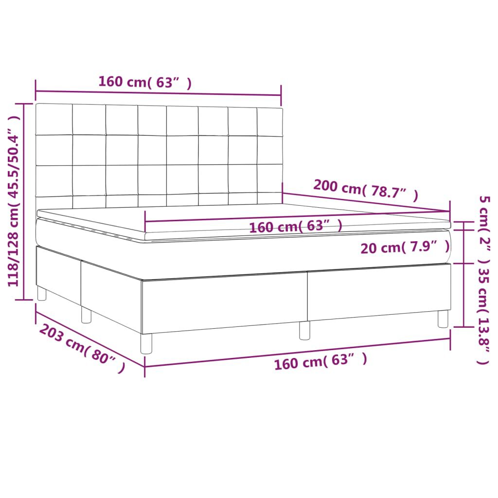 vidaXL Κρεβάτι Boxspring με Στρώμα & LED Σκ. Μπλε 160x200εκ. Βελούδινο