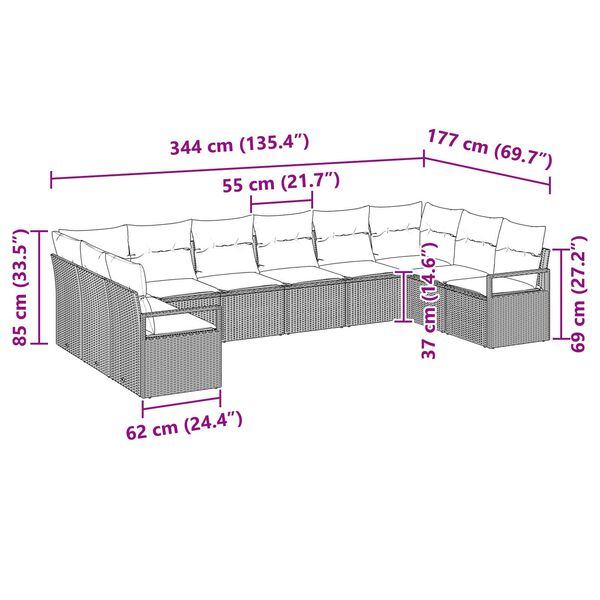 vidaXL Σετ Καναπέ Κήπου 10 pcs Ανοιχτό γκρι Πολυ ράταν