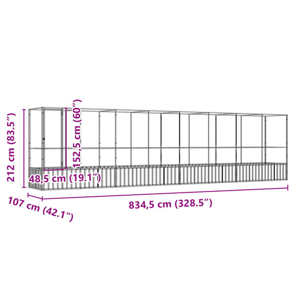 vidaXL Κλουβί με Επέκταση Ασημένιο 834,5x107x212 εκ. Ατσάλινο
