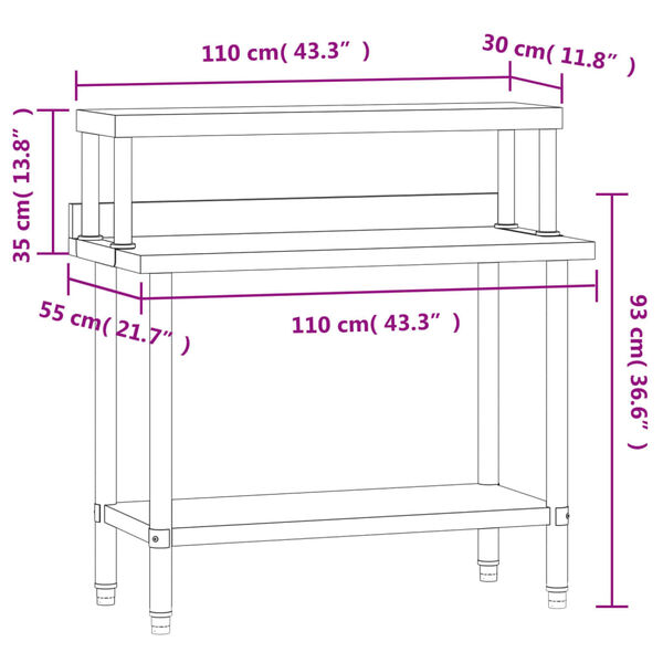vidaXL Πάγκος Εργασίας Κουζίνας με Ράφι 110x55x120 εκ. Ανοξείδ. Ατσάλι