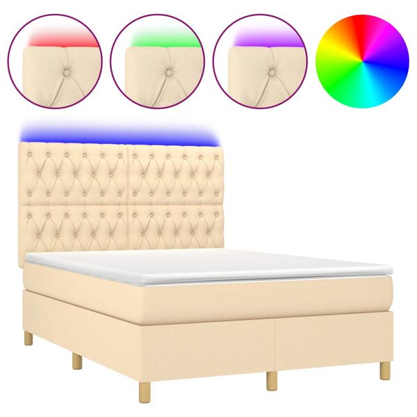 vidaXL Κρεβάτι Boxspring με Στρώμα & LED Κρεμ 140x190 εκ. Υφασμάτινο