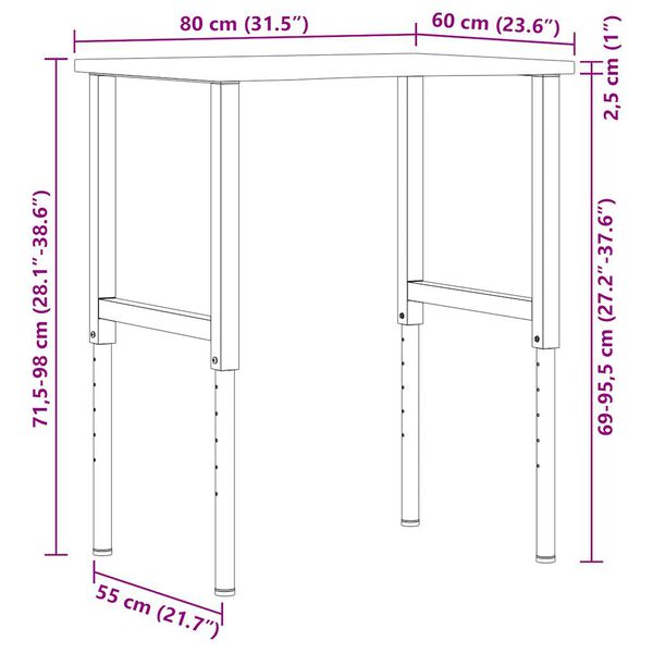πάγκος εργασίας vidaXL 80x60x(71,5-98) cm Μασίφ Ξύλο Δρυς