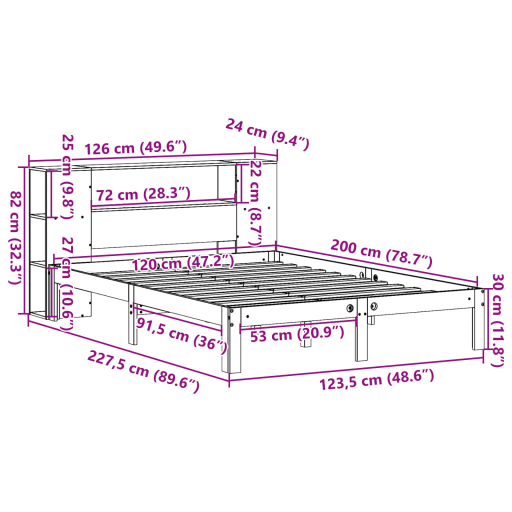 vidaXL Κρεβάτι Βιβλιοθήκη Χωρίς Στρώμα 120x200 εκ Μασίφ Ξύλο Πεύκο