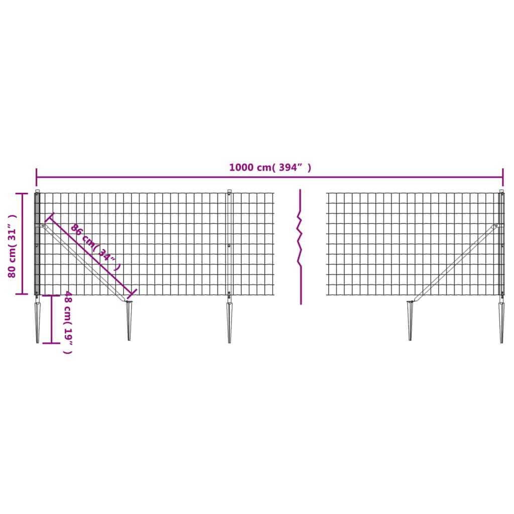 vidaXL Συρματόπλεγμα Περίφραξης Ανθρακί 0,8 x 10 μ. με Καρφωτές Βάσεις