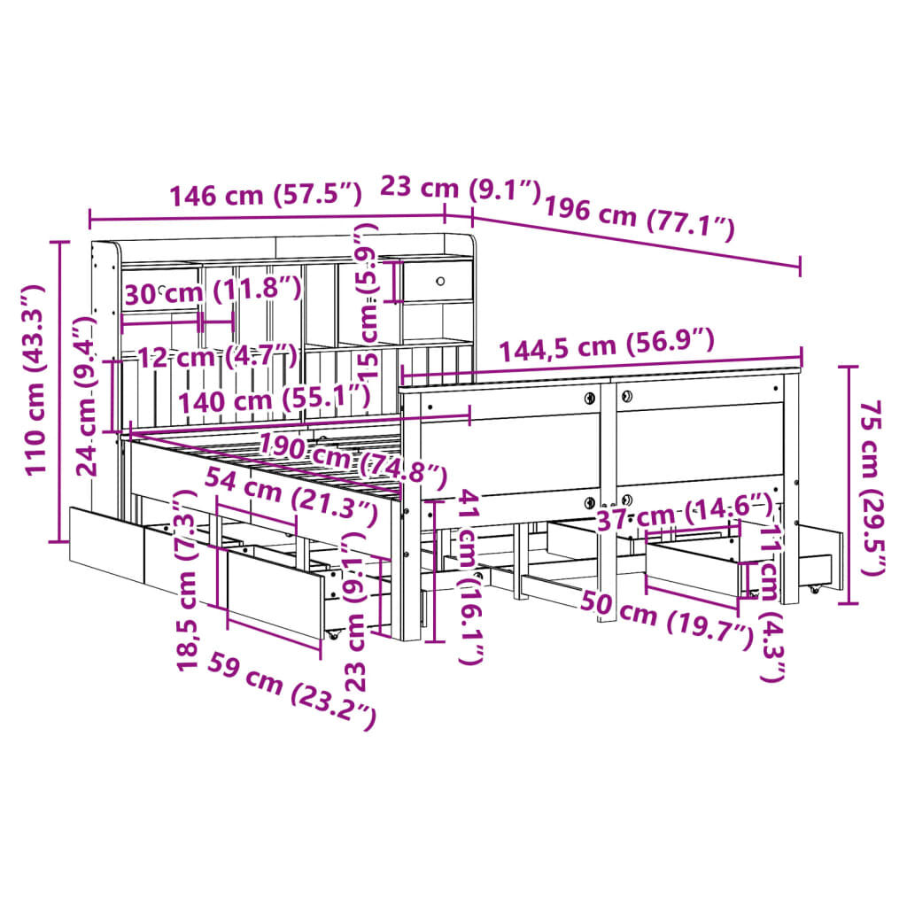 vidaXL Κρεβάτι Βιβλιοθήκη Χωρίς Στρώμα 140x190 εκ Μασίφ Ξύλο Πεύκου