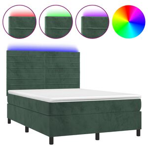 vidaXL Κρεβάτι Boxspring με Στρώμα & LED Σκ. Πράσινο 140x190εκ Βελούδο