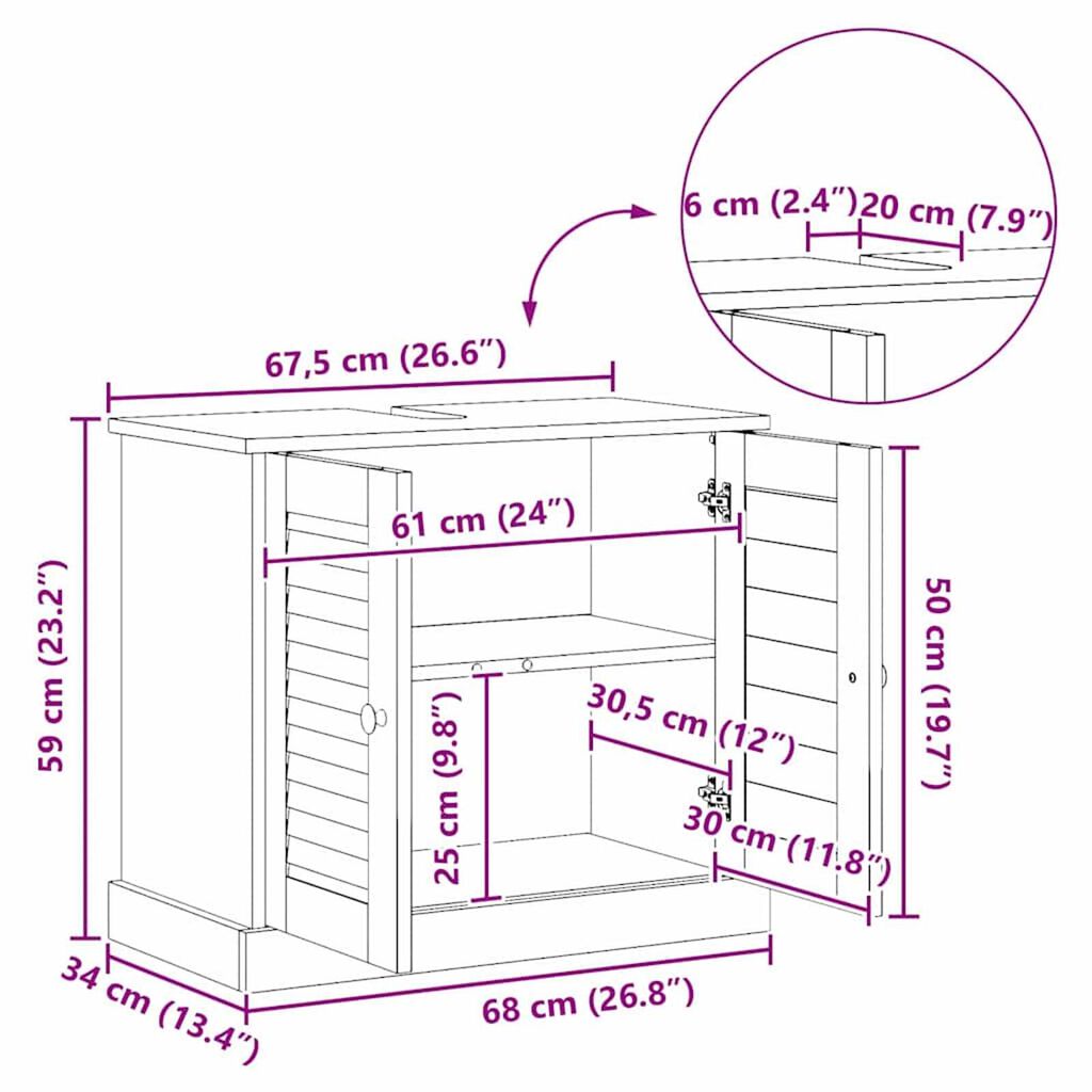 vidaXL Νιπτήρας VIGO καφέ μελί 67.5 x 34 x 59 εκ Μασίφ ξύλο πεύκου