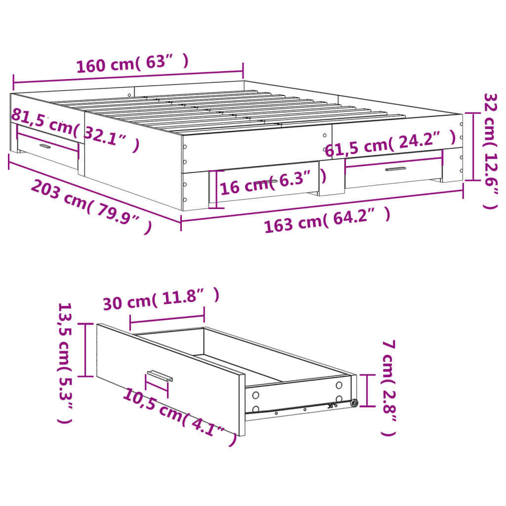 vidaXL Πλαίσιο Κρεβατιού με συρτάρια Sonoma Δρυς 160x200εκ. Επεξ. Ξύλο