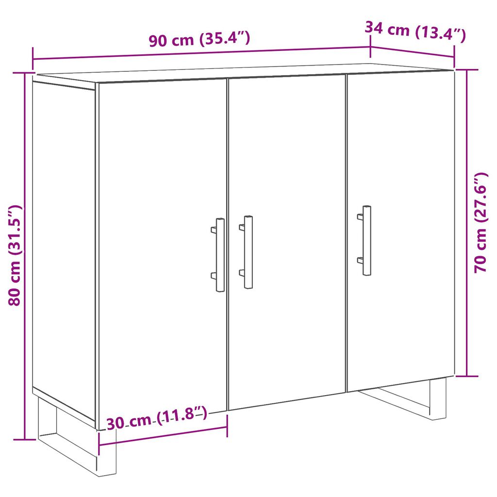 vidaXL Μπουφές με 3 Πόρτες Παλιού Ξύλου 90x34x80 εκ. Σαθρού Ξύλου