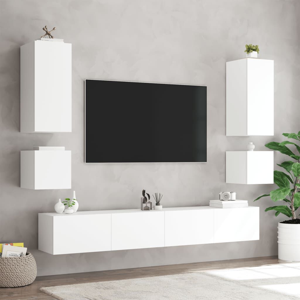 vidaXL Ντουλάπια Τηλεόρασης Τοίχου 6 Τεμ. με Φώτα LED Λευκά