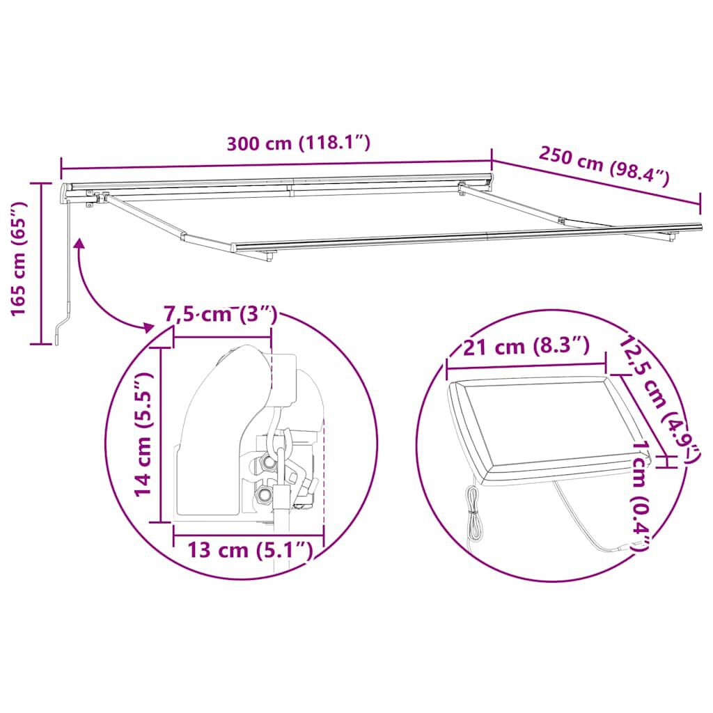 vidaXL Τέντα Πτυσσόμενη Χειροκίνητη με LED Ανθρακί / Λευκή 300x250 εκ.